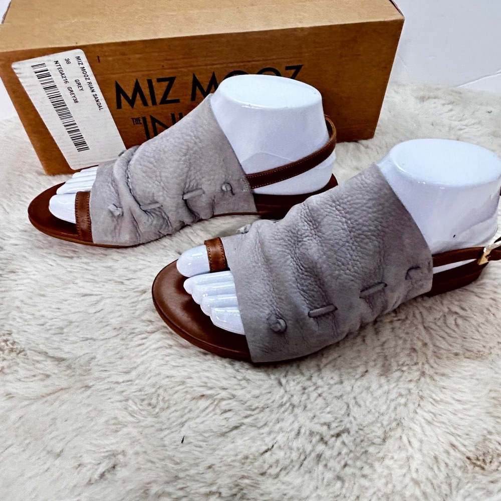 Miz Mooz Rian Sandal Grey Leather Flat Toe Ring Ankle Strap Women Size 38 - Picture 4 of 10